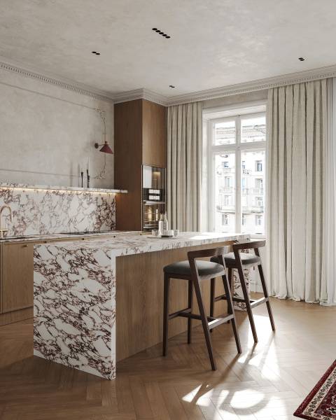 Cuisine rénovée haut de gamme bois et marbre